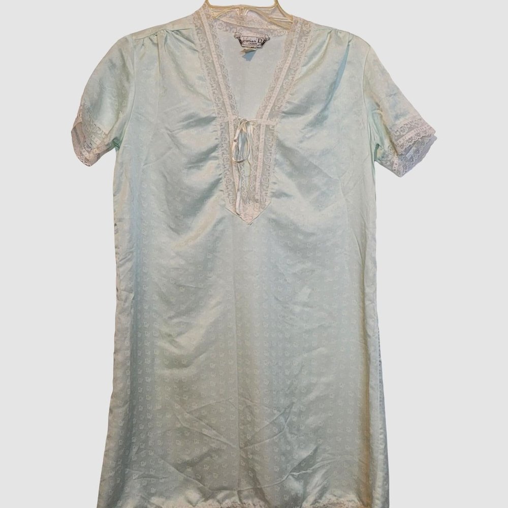 Vintage Christian Dior Lingerie Neiman Marcus Pale Blue Knee Length Lace Trim